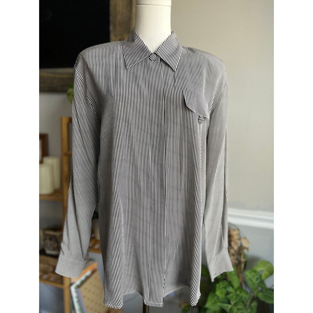 Vintage 90s Silk Blouse Black and White Stripe Button Down Size Medium